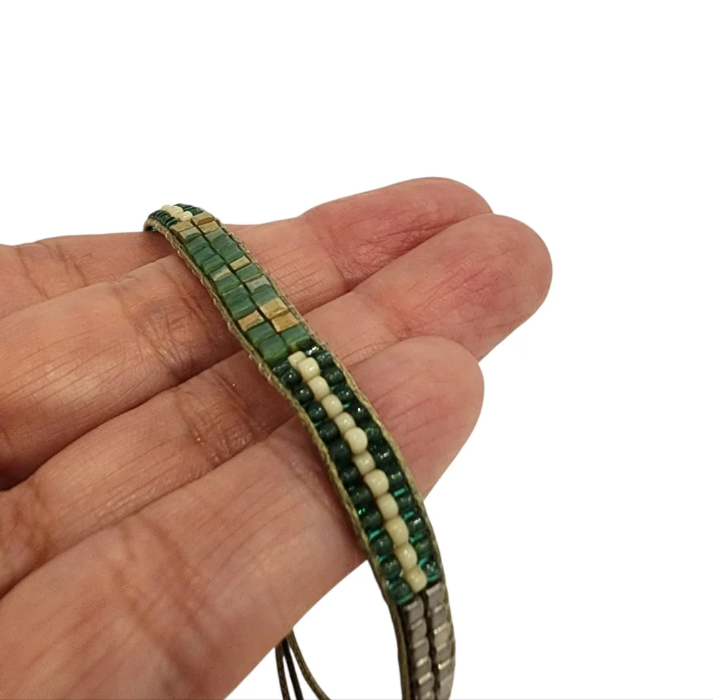 Boho dainty bracelet petite seed beads adjustable length green golden lime gold